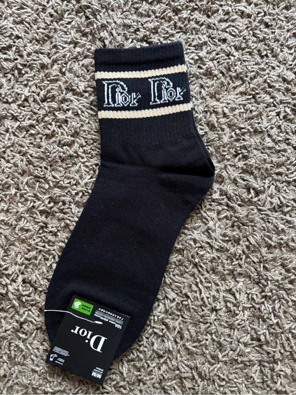 Dior Black Crew Socks with Cream Logo Stripes